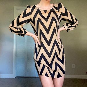 Karlie Black & Tan Chevron Print Long Sleeve Dress